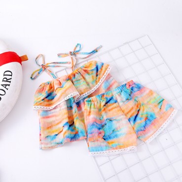 INS new summer girl vacation wind linen printing strap shirt shorts two-piece girl suit