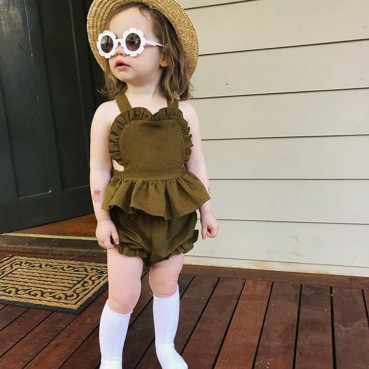 INS childrens clothing summer children cotton and linen flying sleeve shirt + PP hot pants baby two-piece suit strap