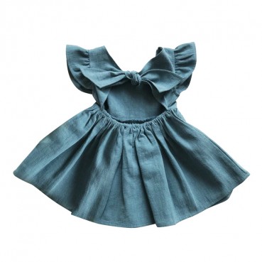 New girl baby dress cotton linen pure color childrens skirt bow princess skirt European and American childrens wear