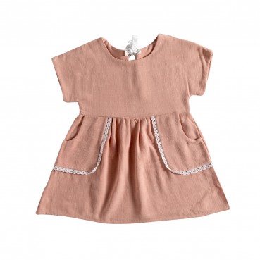 Girls dresses 2021 summer new girl linen solid color lace pocket short sleeve dress