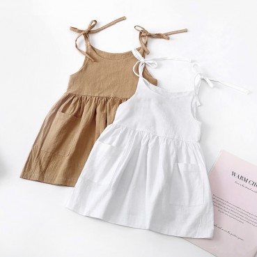 INS European beauty summer solid color cotton linen 2 side pocket sling dress tape child sling dress