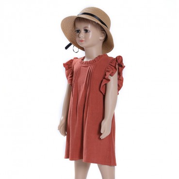 INS princess dress lace flying flying sleeve solid color linen girls dress Terminal childrens dress