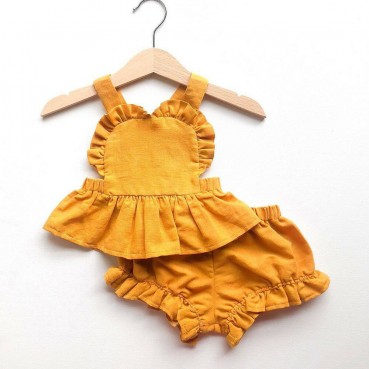 INS childrens clothing summer children cotton and linen flying sleeve shirt + PP hot pants baby two-piece suit strap