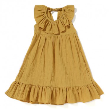 New explosion models solid color girls dress cotton and linen loose comfortable pleated skirt childrens dress