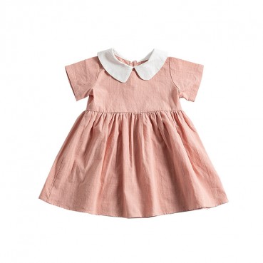 INS new hot girl dress solid color cotton and linen children short-sleeved color collar princess dress factory direct