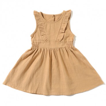 INS explosive childrens skirt flying sleeves solid color comfort cotton and linen dress hot girl dress