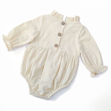 New long-sleeved cotton and linen newborn clothing solid color flying sleeves lace neck babies in childrens clothing