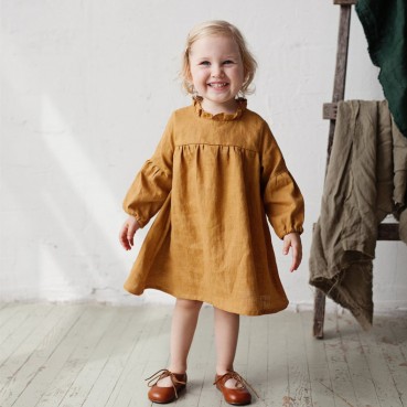 Girl cotton and linen cargo autumn long sleeve dress children new long sleeve junior dress girl skirt