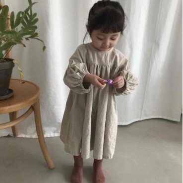 20 new girls Sad cotton linen lanterns 9 points sleeves small clear new A word dress autumn long sleeve