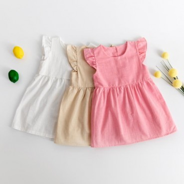 2021 girls flying sleeves solid color cotton and linen dress girl new flying sleeve princess dress support