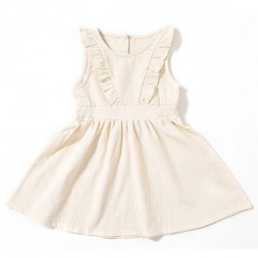 INS explosive childrens skirt flying sleeves solid color comfort cotton and linen dress hot girl dress