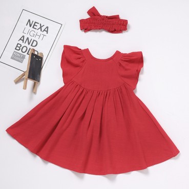 Hot sale INS new girl dress A word princess dress + hair band cotton linen dress