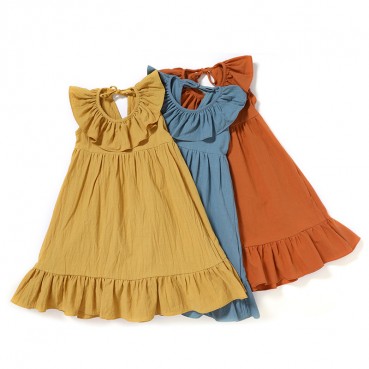 New explosion models solid color girls dress cotton and linen loose comfortable pleated skirt childrens dress