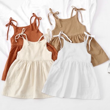 INS European beauty summer solid color cotton linen 2 side pocket sling dress tape child sling dress