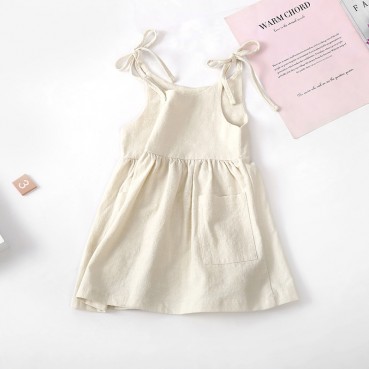 INS European beauty summer solid color cotton linen 2 side pocket sling dress tape child sling dress