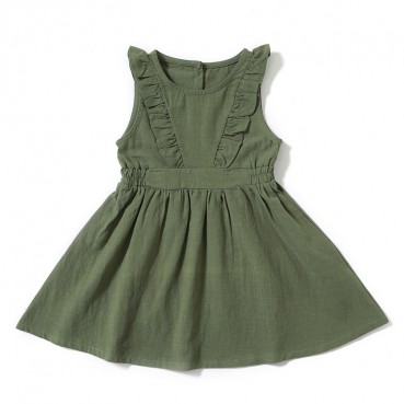 INS explosive childrens skirt flying sleeves solid color comfort cotton and linen dress hot girl dress