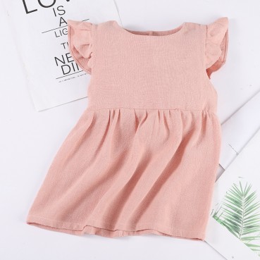 New linen flying sleeves girls dress solid color linen pleated princess skirt girl dress