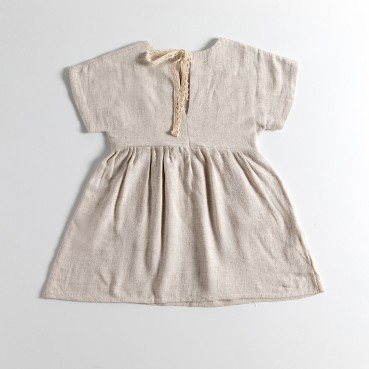 Girls dresses 2021 summer new girl linen solid color lace pocket short sleeve dress