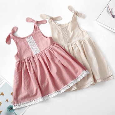 New solid color childrens clothing dress cotton ribs lace princess dress tape girl dress girls dress