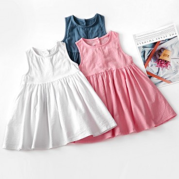 New spot girls dress cotton linen purple summer sleeveless girl pleated dress cotton linen dress