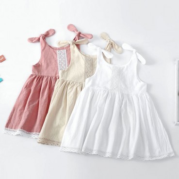 New solid color childrens clothing dress cotton ribs lace princess dress tape girl dress girls dress