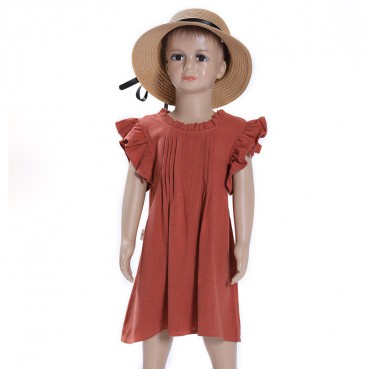 INS princess dress lace flying flying sleeve solid color linen girls dress Terminal childrens dress