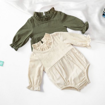 New long-sleeved cotton and linen newborn clothing solid color flying sleeves lace neck babies in childrens clothing