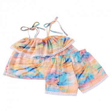 INS new summer girl vacation wind linen printing strap shirt shorts two-piece girl suit