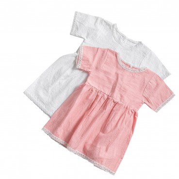 New little childrens skirt lace short-sleeved solid color cotton and linen girls dress childrens dress