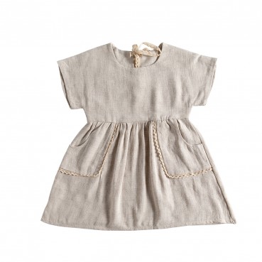 Girls dresses 2021 summer new girl linen solid color lace pocket short sleeve dress