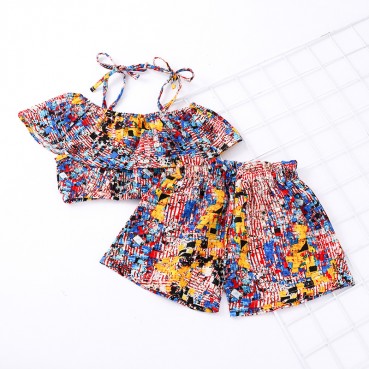 INS new summer girls linen printing straps short top shirt + shorts two sets of girls suit