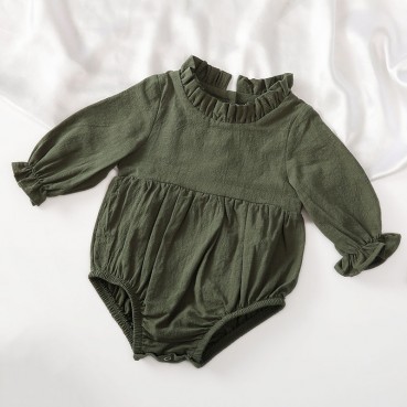 New long-sleeved cotton and linen newborn clothing solid color flying sleeves lace neck babies in childrens clothing