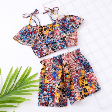 INS new summer girls linen printing straps short top shirt + shorts two sets of girls suit