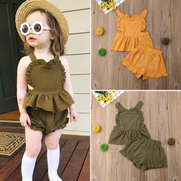 INS childrens clothing summer children cotton and linen flying sleeve shirt + PP hot pants baby two-piece suit strap