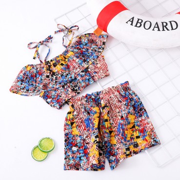 INS new summer girls linen printing straps short top shirt + shorts two sets of girls suit