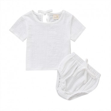 [Woven] Explosive models summer simple cotton and linen baby childrens childrens dress solid color set short sleeve