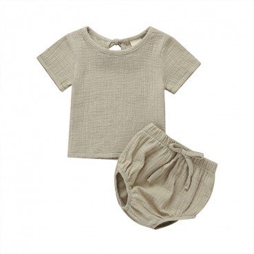 [Woven] Explosive models summer simple cotton and linen baby childrens childrens dress solid color set short sleeve