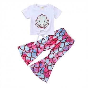 [Woven] new spot summer European and American baby girl female fish scale trousers two-piece trousers suit children