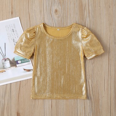 [Woven] new childrens suit summer girl sequins gold T-shirt shorts two-piece childrens clothing Europe