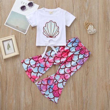 [Woven] new spot summer European and American baby girl female fish scale trousers two-piece trousers suit children