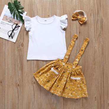 Summer baby childrens European and American girls clothing set flower cotton load leaf sleeve straps childrens skirt