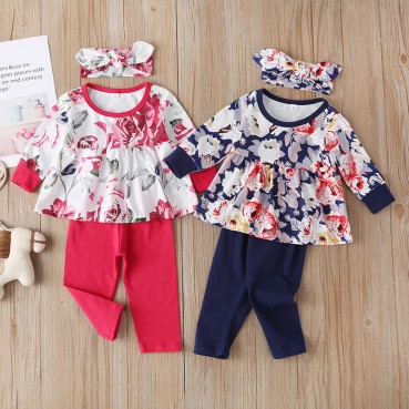 [Knitting] spot baby print set long-sleeved leaves, leaf clothes trousers children 3 sets of wholesale hot sale