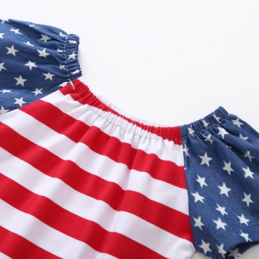 Childrens short-sleeved dress girl summer American flag independent day short-sleeved dress striped skirt