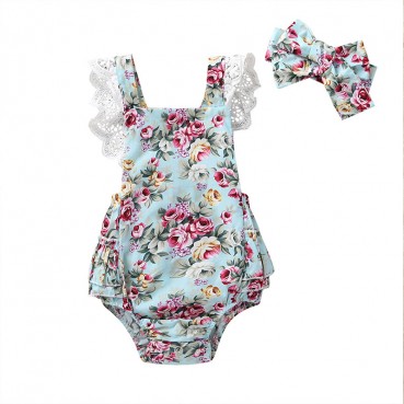 [Woven] Summer European and American baby girl girls lace printed laminate sleeveless triangle romper manufacturers