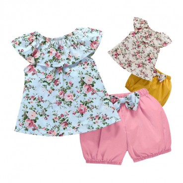 Childrens clothing summer new set girl childrens sleeveless floral shirt shorts 2