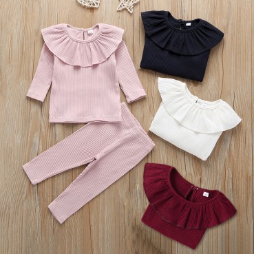 Baby girls set spring and autumn solid collar collar minimalist fashion top trousers 2 packs