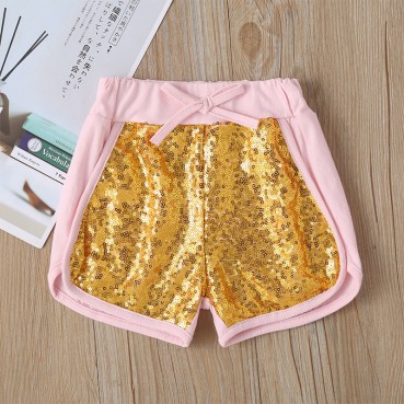 [Woven] new childrens suit summer girl sequins gold T-shirt shorts two-piece childrens clothing Europe