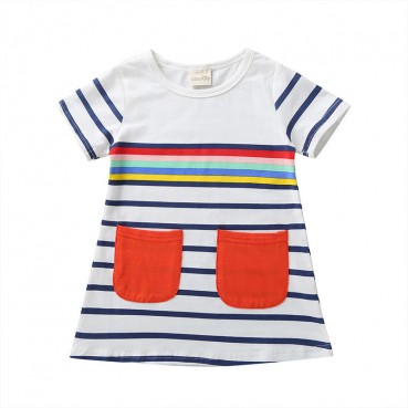 [Woven] Korean version of summer striped childrens T-shirt dress short-sleeved fashion long paragraph a-single skirt