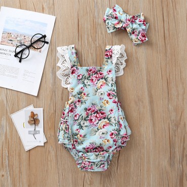 [Woven] Summer European and American baby girl girls lace printed laminate sleeveless triangle romper manufacturers