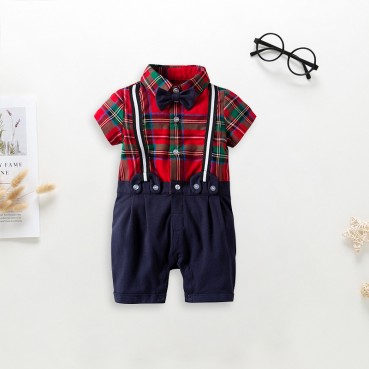 Summer male baby leader lapel gentleman straps shorts short sleeve lattice